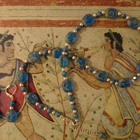 Czech glass necklace/earring set in Mediterranean blue with Picasso matte finish - Picture 4 of 9